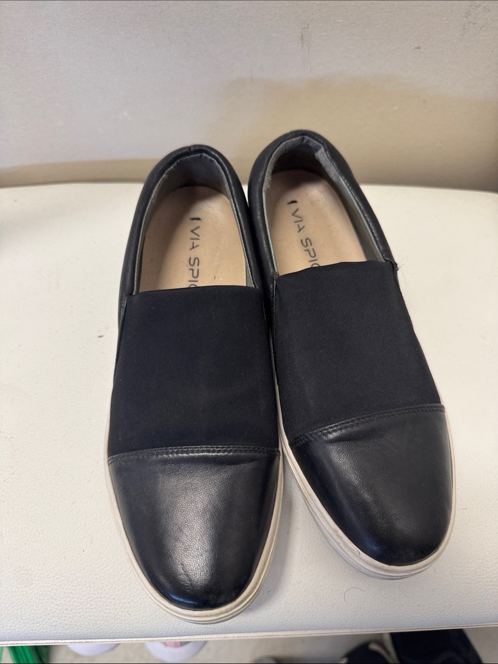 Via Spiga Black Slip-On Leather & Fabric Loafers